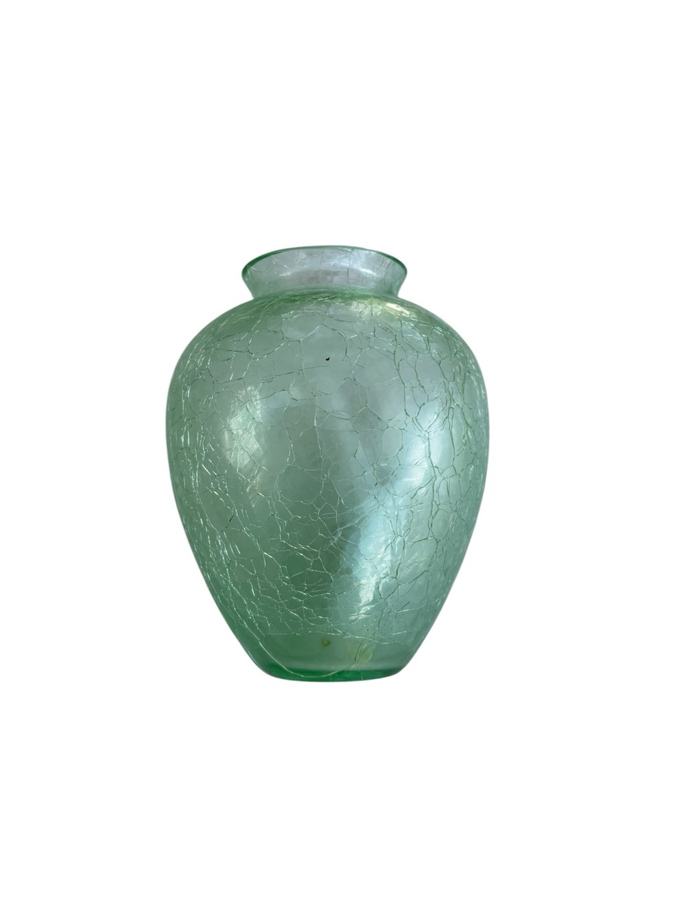 Vintage Small Green Crackle Glass Vase Round Opening Shaped Vase 6.5” Tall